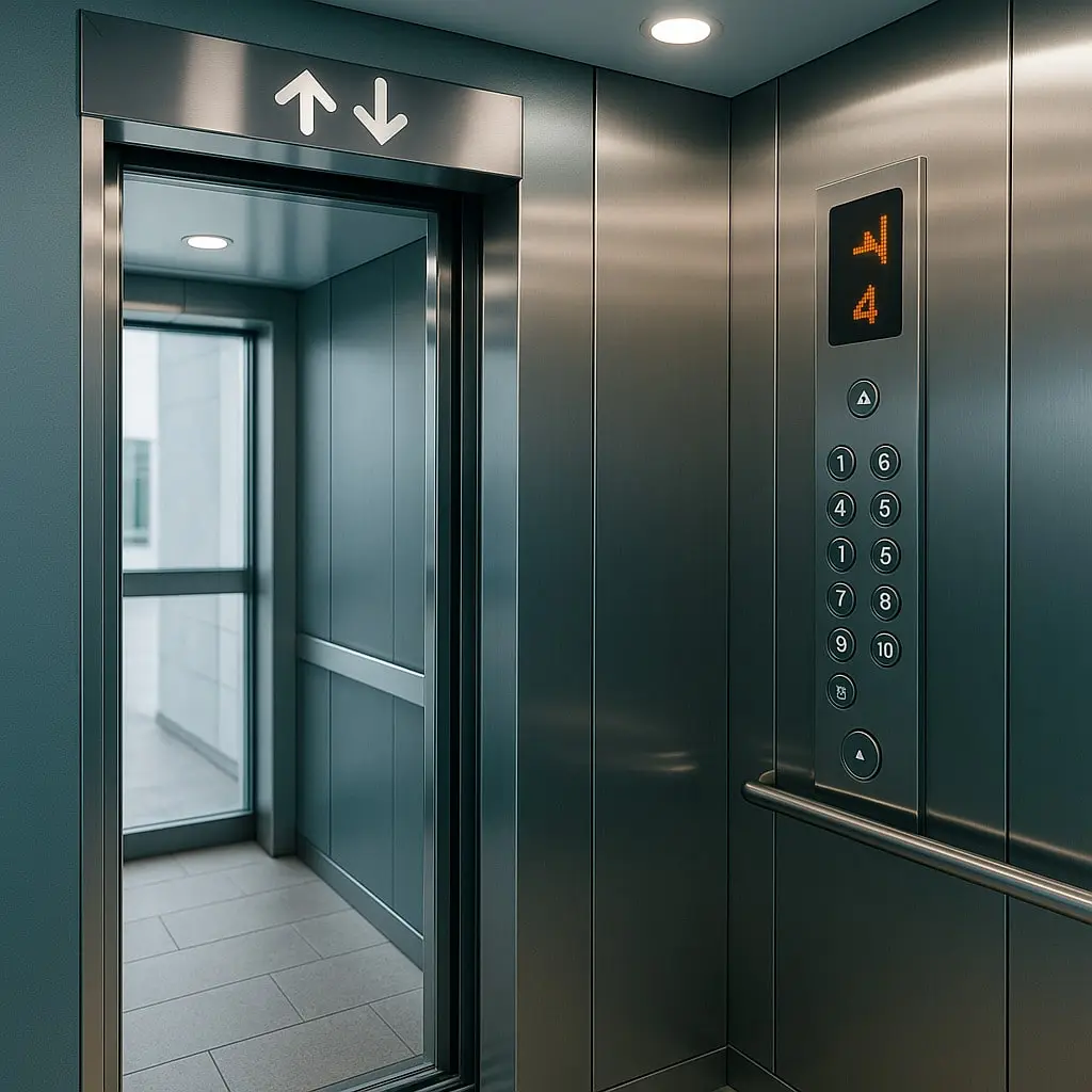 Cabina ascensore ripresa dall'interno con pulsantiera e numero di piano, corrimano, porte automatiche aperte con vista pianerettolo e luci led sul soffitto